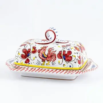 Deruta butter dish from the Galletto Rosso collection, handmade by Antica Deruta - Italy
