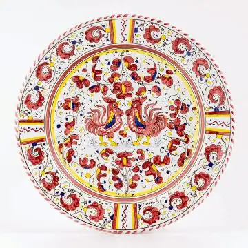 Deruta round platter from the Galletto Rosso collection, handmade by Antica Deruta - Italy