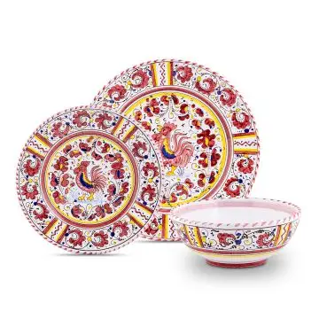 Handmade Italian 3-piece place setting Galletto Rosso: dinner plate, salad & dessert plate, cereal bowl. Deruta, Italy