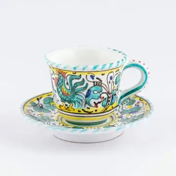 Deruta espresso cup and saucer from the Galletto Verde collection, handmade by Antica Deruta - Italy