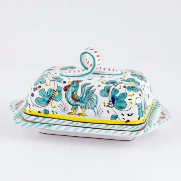 Deruta butter dish from the Galletto Verde collection, handmade by Antica Deruta - Italy