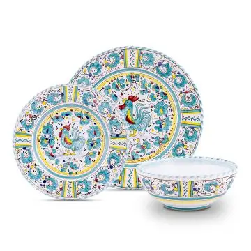 Handmade Italian 3-piece place setting Galletto Verde: dinner plate, salad & dessert plate, cereal bowl. Deruta, Italy
