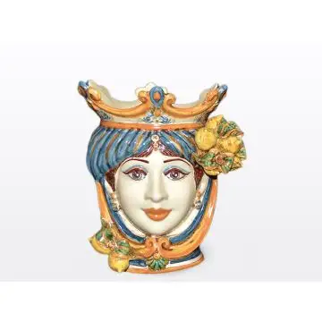 Sicilian Moorish head with lemons. It features a female character decorated in rich shades of blue and orange. It is handcrafted in Caltagirone, Italy. Small
