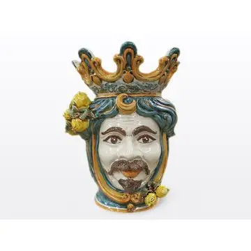 Sicilian Moorish head with lemons. It features a male character decorated in rich shades of blue and orange. It is handcrafted in Caltagirone, Italy. Large