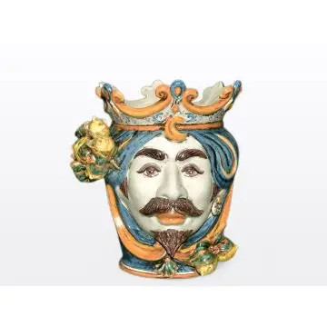 Sicilian Moorish head with lemons. It features a male character decorated in rich shades of blue and orange. It is handcrafted in Caltagirone, Italy. Small