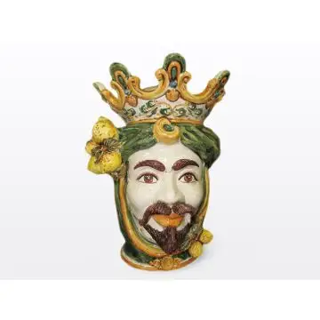 Sicilian Moorish head with lemons. It features a male character decorated in rich shades of green and orange. It is handcrafted in Caltagirone, Italy. Large