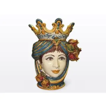 Sicilian Moorish head with pomegranates. It features a female character decorated in rich shades of blue and orange. It is handcrafted in Caltagirone, Italy. Large