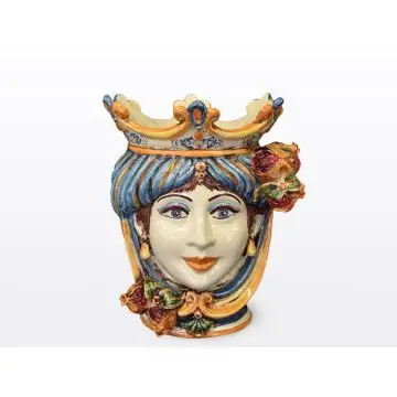 Sicilian Moorish head with pomegranates. It features a female character decorated in rich shades of blue and orange. It is handcrafted in Caltagirone, Italy. Small