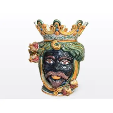 Sicilian head with pomegranates. It features a Moorish character decorated in rich shades of green and orange. It is handcrafted in Caltagirone, Italy. Large