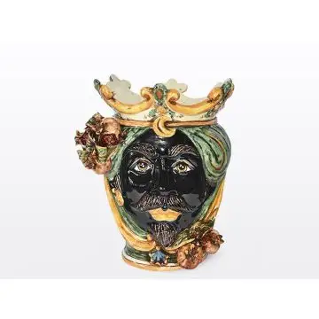 Sicilian head with pomegranates. It features a Moorish character decorated in rich shades of green and orange. It is handcrafted in Caltagirone, Italy. Small