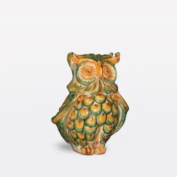 Sicilian figurine featuring an owl decorated in rich shades of green and ivory handcrafted in Caltagirone - Italy