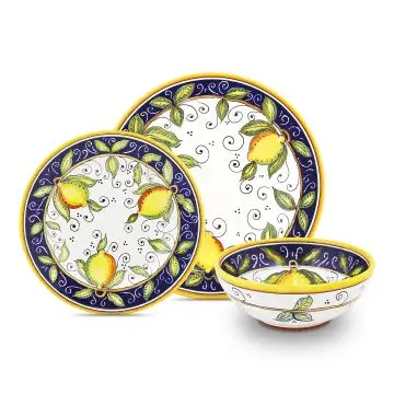 Handmade Italian 3-piece place setting Limoni Blu: dinner plate, salad & dessert plate, cereal bowl. Deruta, Italy