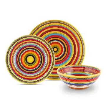Handmade Italian 3-piece place setting Millerighe: dinner plate, salad & dessert plate, cereal bowl. Deruta, Italy