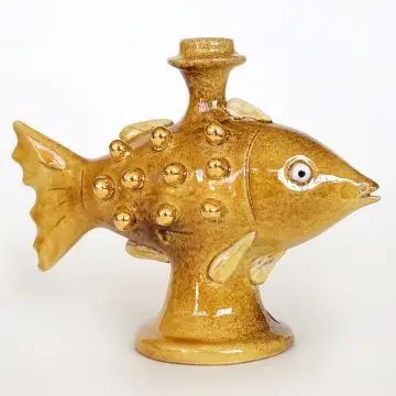 Amber candle holder in the shape of a fish with gold details handmade in Tuscany by ND Dolfi - Italy
