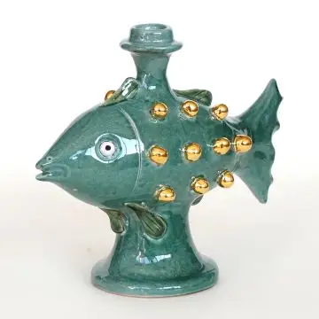 Green candle holder in the shape of a fish with gold details handmade in Tuscany by ND Dolfi - Italy