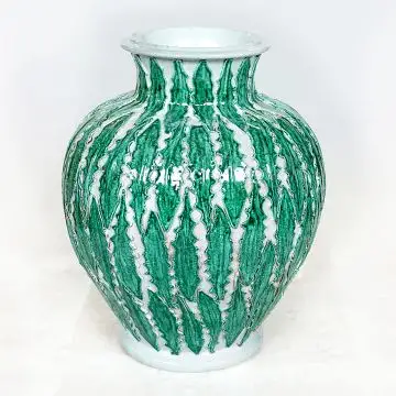 Large vase with green leaves handmade in Tuscany by ND Dolfi - Italy