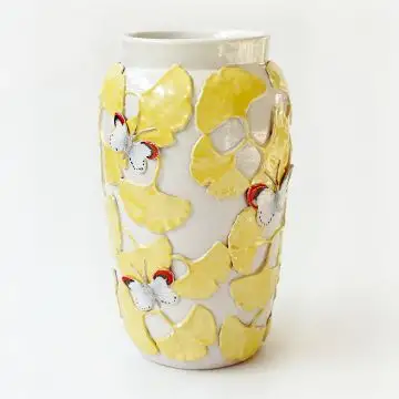 Tall white vase with ginkgo leaves and butterflies handmade in Tuscany by ND Dolfi - Italy