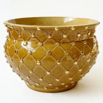 Amber planter vase with criss-cross lines and gold details handmade in Tuscany by ND Dolfi - Italy