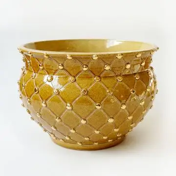 Amber planter vase with criss-cross lines and gold details handmade in Tuscany by ND Dolfi - Italy