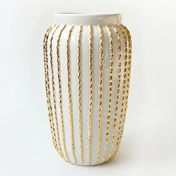 Tall white vase with gold stripes handmade in Tuscany by ND Dolfi - Italy