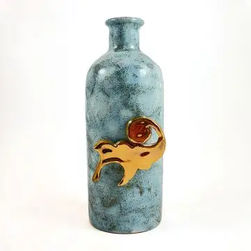 Italian light blue bottle with gold detail. Handmade by Rampini in Gubbio, Italy