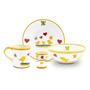 Hand-Painted Italian 4-piece baby feeding set Pulcino: plate, bowl, mug and egg cup. Deruta, Italy