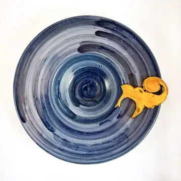 Italian blue plate with gold detail. Handmade by Rampini in Gubbio, Italy