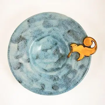 Italian light blue plate with gold detail. Handmade by Rampini in Gubbio, Italy