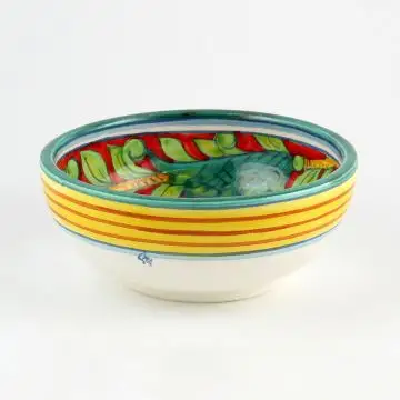 Tuscan cereal bowl from the Pompei collection featuring fruit and leaves on a bright red background, handmade by Ima in Montelupo Fiorentino - Italy