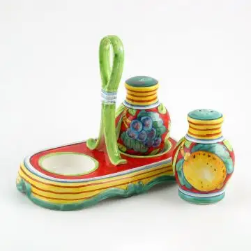 Tuscan salt and pepper shakers set from the Pompei collection featuring fruit and leaves on a bright red background, handmade by Ima in Montelupo Fiorentino - Italy