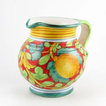 Tuscan pitcher from the Pompei collection featuring fruit and leaves on a bright red background, handmade by Ima in Montelupo Fiorentino - Italy