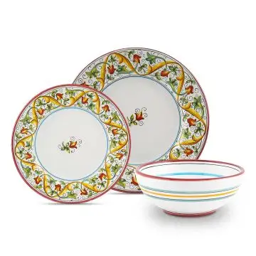 Handmade Italian 3-piece place setting Primizia: dinner plate, salad & dessert plate, cereal bowl. Deruta, Italy
