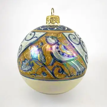 Italian Christmas ball ornament with bird handmade by Rampini in Gubbio, Italy