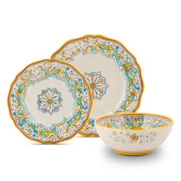 Handmade Italian 3-piece place setting Ricco Deruta Allegro: dinner plate, salad & dessert plate, cereal bowl. Deruta, Italy