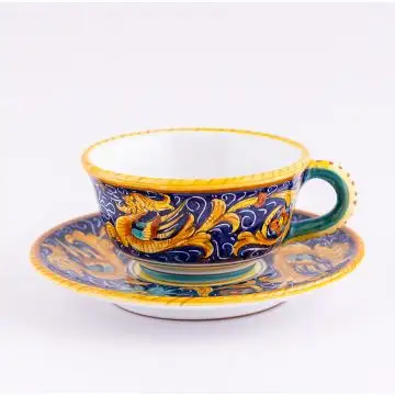 Deruta tea cup and saucer from the Raffaellesco Blu collection, handmade by Antica Deruta - Italy