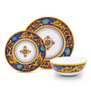 Handmade Italian 3-piece place setting Raffaellesco Blu: dinner plate, salad & dessert plate, cereal bowl. Deruta, Italy
