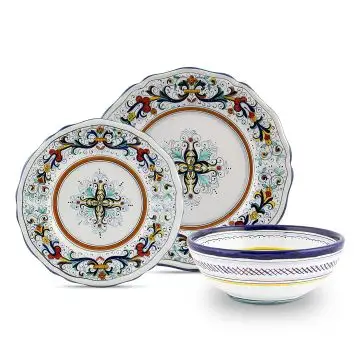 Handmade Italian 3-piece place setting Ricco Deruta Blu: dinner plate, salad & dessert plate, cereal bowl. Deruta, Italy