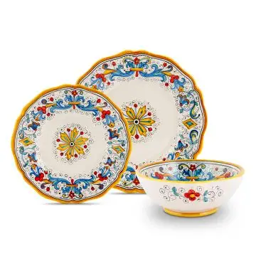 Handmade Italian 3-piece place setting Ricco Deruta Andrilia: dinner plate, salad & dessert plate, cereal bowl. Deruta, Italy