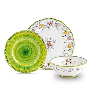 Handmade Italian 3-piece place setting Tulipano Semplice Green: dinner plate, salad & dessert plate, cereal bowl. Deruta, Italy