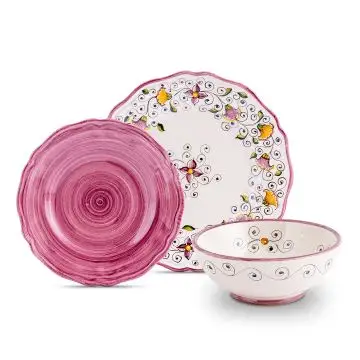 Handmade Italian 3-piece place setting Tulipano Semplice Purple: dinner plate, salad & dessert plate, cereal bowl. Deruta, Italy