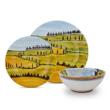 Handmade Italian 3-piece place setting Umbria: dinner plate, salad & dessert plate, cereal bowl. Deruta, Italy