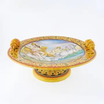 Italian footed bowl featuring a Renaissance-style portrait of Aurora and Cephalus handmade by Francesca Niccacci in Deruta
