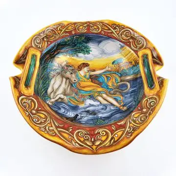 Italian centerpiece bowl featuring a Renaissance-style portrait of the Rape of Europa handmade by Francesca Niccacci in Deruta