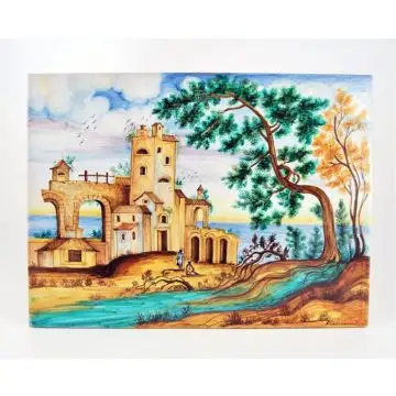 Italian wall plaque Castle handmade by Francesca Niccacci in Deruta
