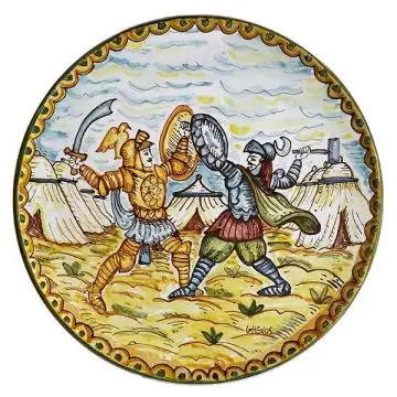 Italian wall plate featuring a scene with paladins hand-painted by Ghenos in Messina