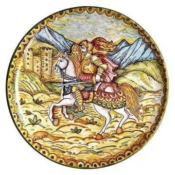 Italian wall plate featuring a scene with paladins hand-painted by Ghenos in Messina