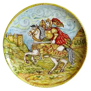 Italian wall plate featuring a scene with paladins hand-painted by Ghenos in Messina