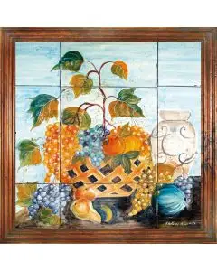 Deruta tile panel with a wooden frame featuring a basket of grapes handmade by Antica Deruta - Italy