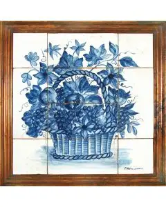 Deruta tile panel with a wooden frame featuring a fruit basket handmade by Antica Deruta - Italy