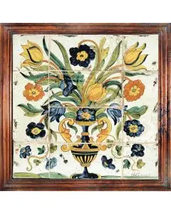 Deruta tile panel with a wooden frame featuring a vase with flowers handmade by Antica Deruta - Italy